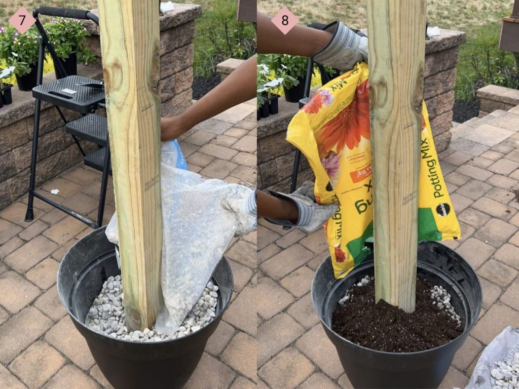 two side by side images with the first showing gravel being added to the the planter around the movie screen frame post and the second showing potting mix being added to the top of the gravel in the planters.