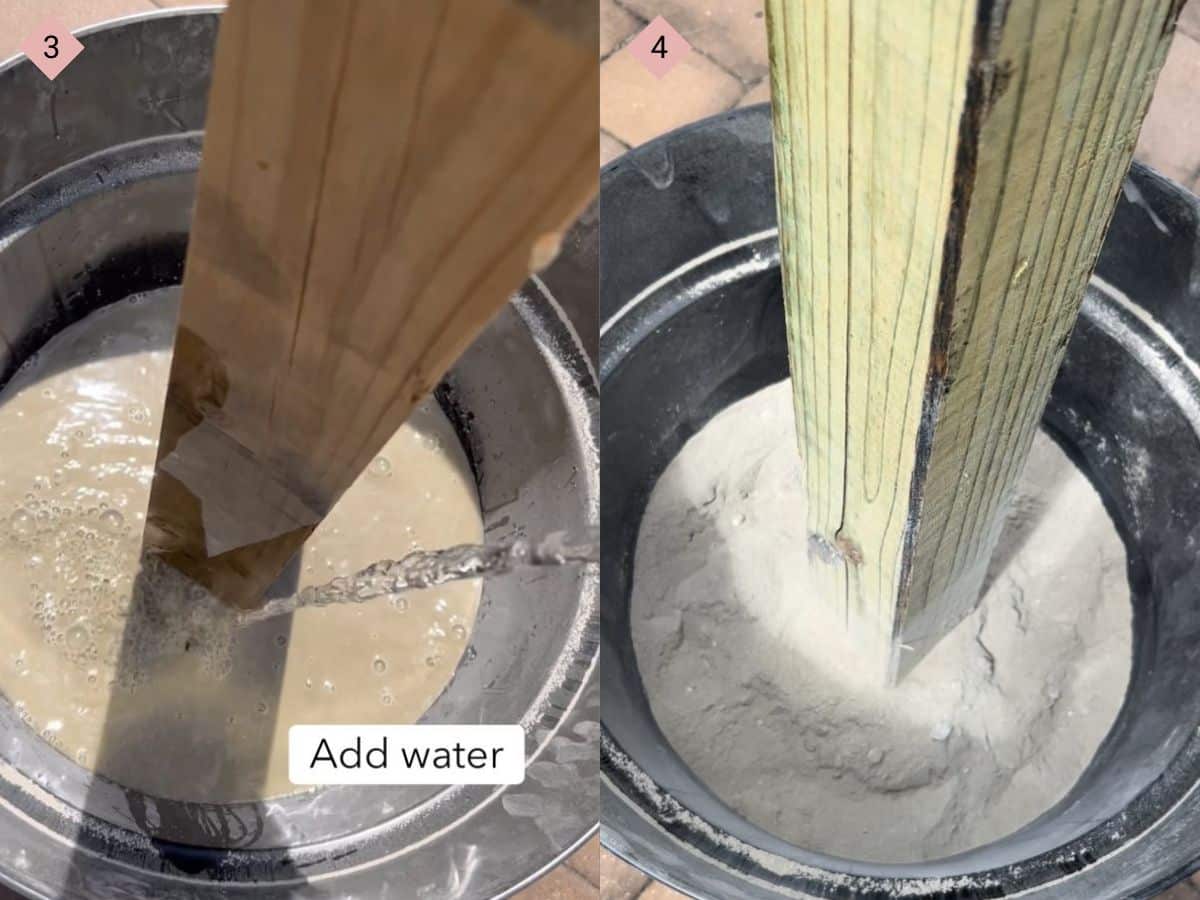 two side by side images with the first showing the water and concrete powder being mixed together and the second showing the hardened concrete holding up the projector screen frame post