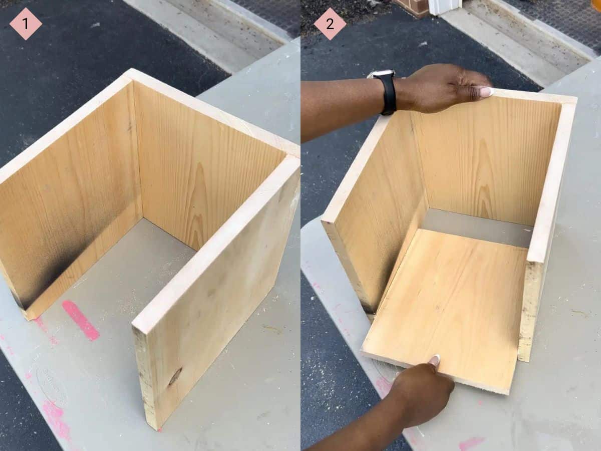 two side by side pictures with the first showing three sides of the diy planter box put together and the second showing the base board being added.