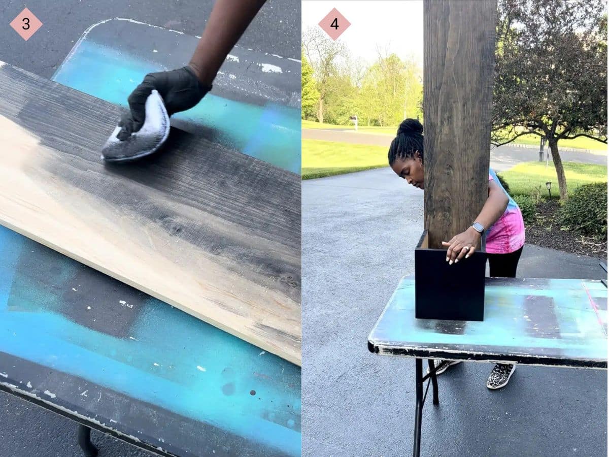 two side by side images with the first showing stain being applied to the board where the address numbers will be added and the second showing the address board being attached to the flower box.