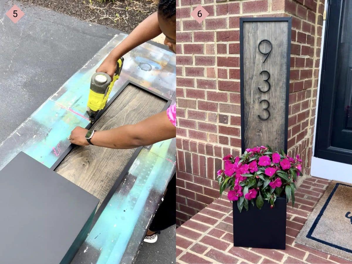 two side by side pictures with the first showing trim being added as decoration to the address sign flower planter box and the second showing the completed planter box diy