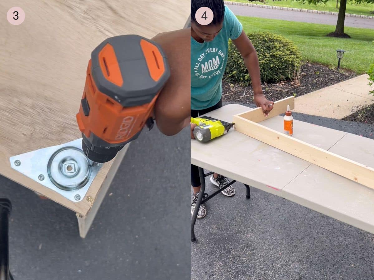 two step by step photos with the first showing the hardware for the legs being installed and the second showing the frame for the topper being made.