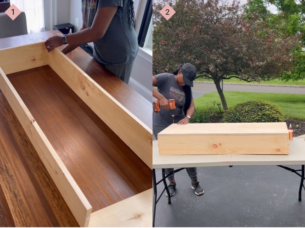 two side by side images of the process for how to build and upholster a bench with the first showing a woman building an rectangular from out of wood and the second showing a woman attaching the bottom piece of wood to the rectangular bench frame.