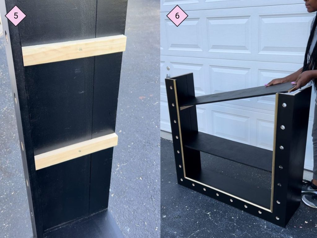 two step by step photos with the first showing 1x2's being added to the inside of the frame and the second showing the shelves being added to the frame.