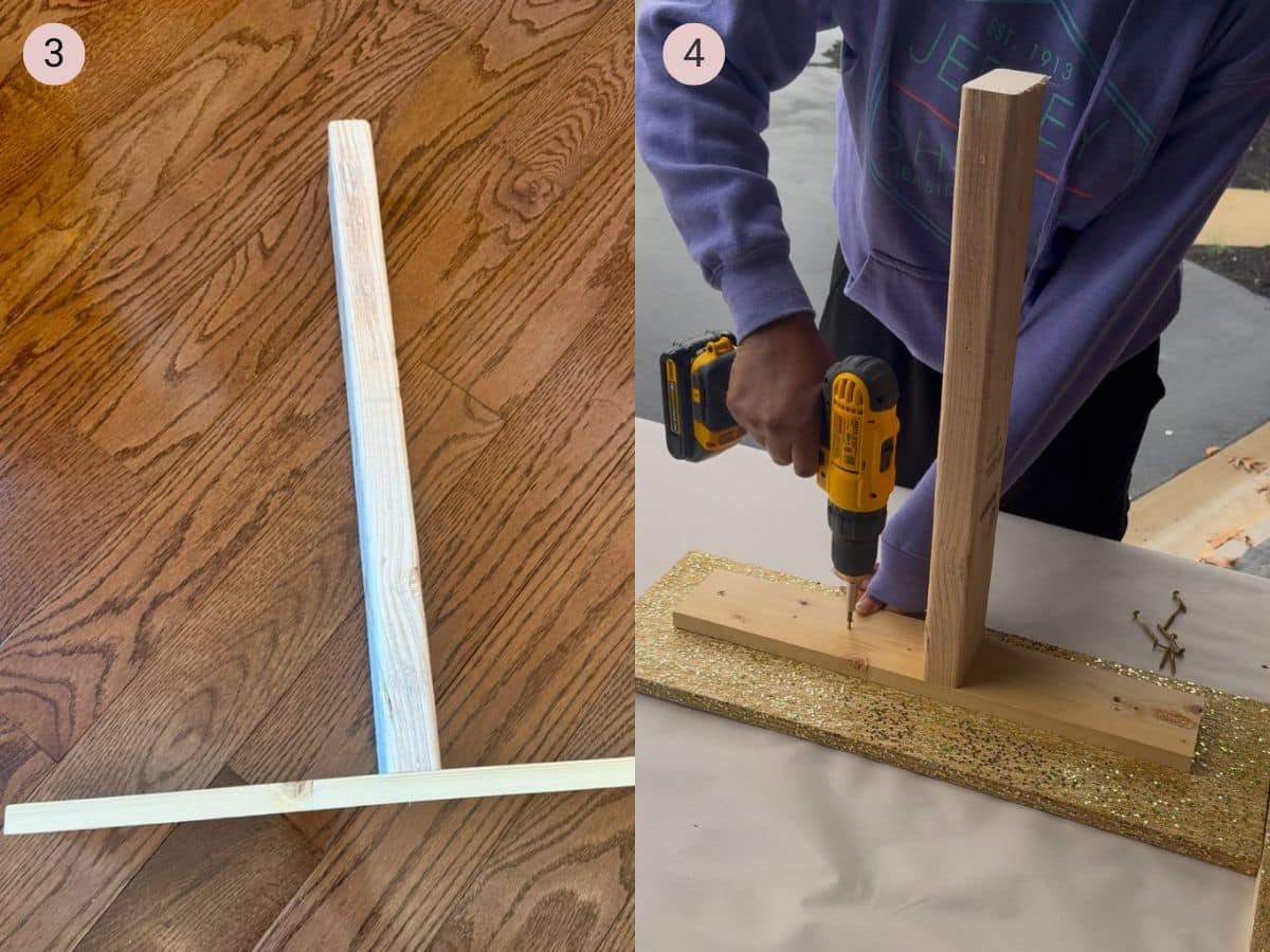 two step by step photos with the first showing a "T" brace made of a 2x4 and 1x4 and the second showing the "T" brace being attached to the base stand.