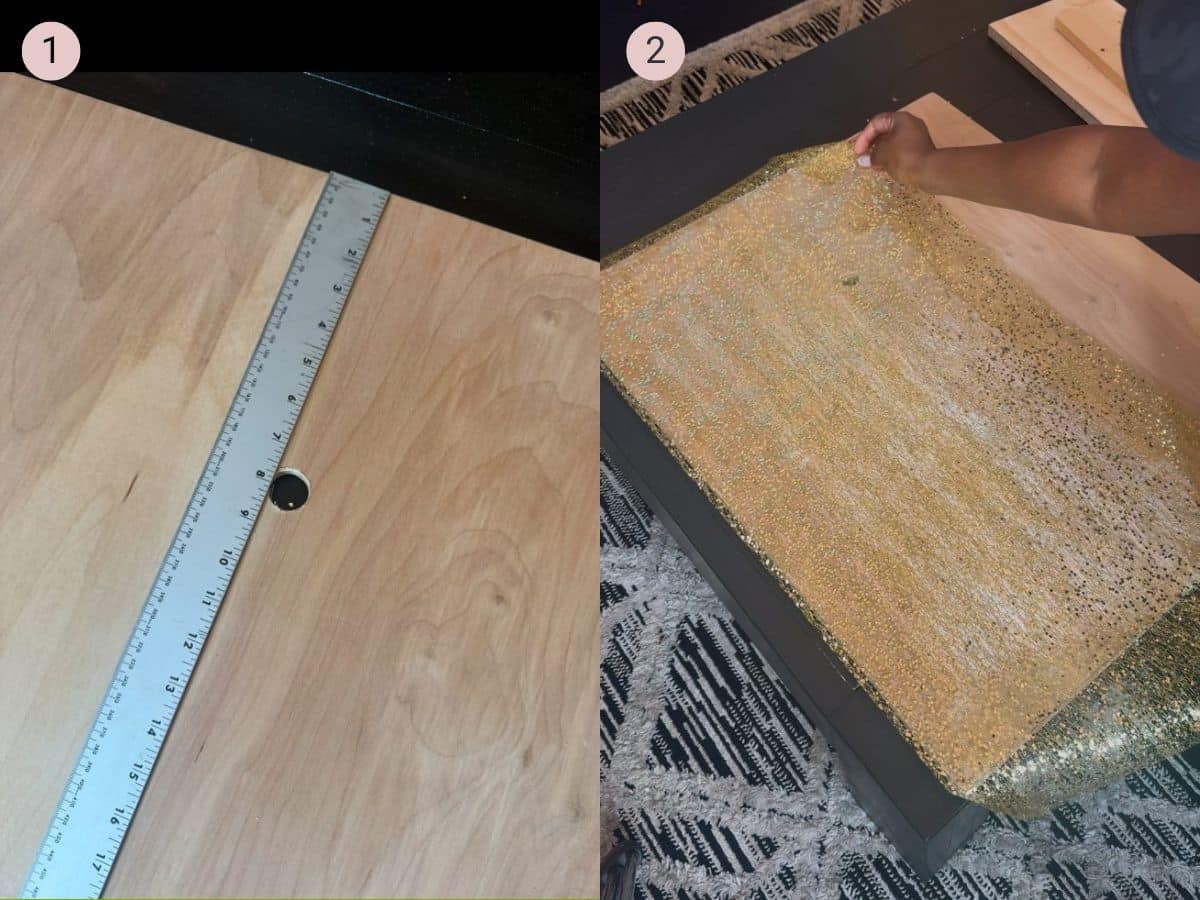 two step by step photos with the first showing where to drill a one inch hole using a ruler, and the second showing the addition of glitter mesh using Mod Podge