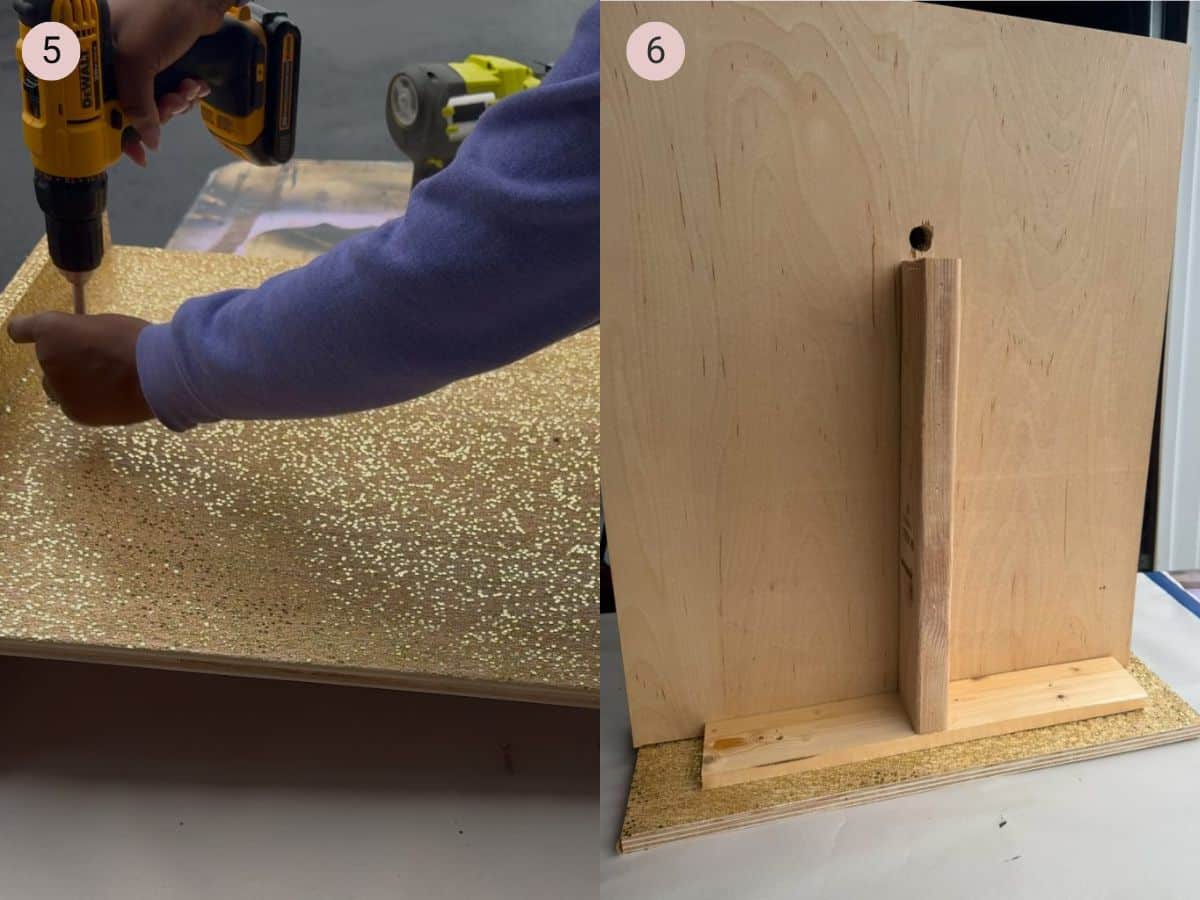 two step by step photos with the first showing a large peice of wood being attached to the "T" brace and the second showing how it looks form behind the structure