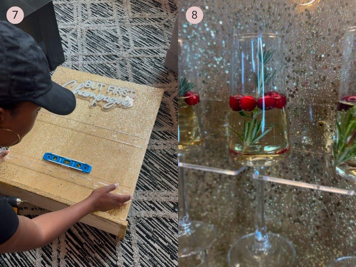 two step by step photos with the first showing the light and the champagne flute holders being attached and the second showing the champagne flutes in the holders filled with champagne and red berries.