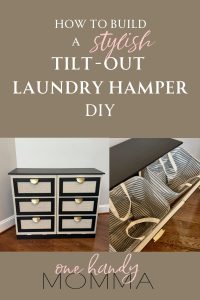 image of fully built diy tilt out laundry hamper and what it looks like on the inside with writing that says how to build a tilt out laundry hamper by one handy momma