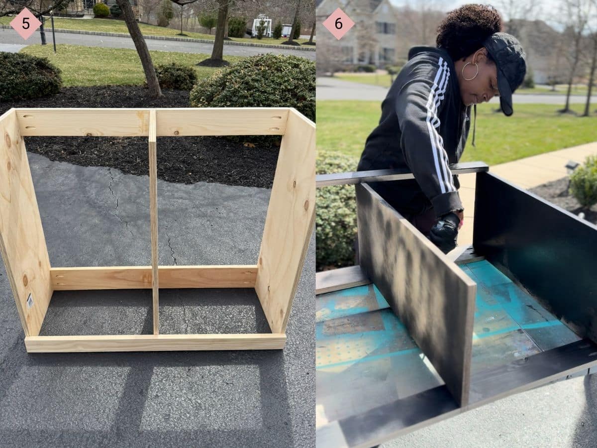 two step by step photos with the first showing the center of the frame added to the laundry hamper construction and the second showing a woman painting the frame for a diy tilt out laundry hamper.