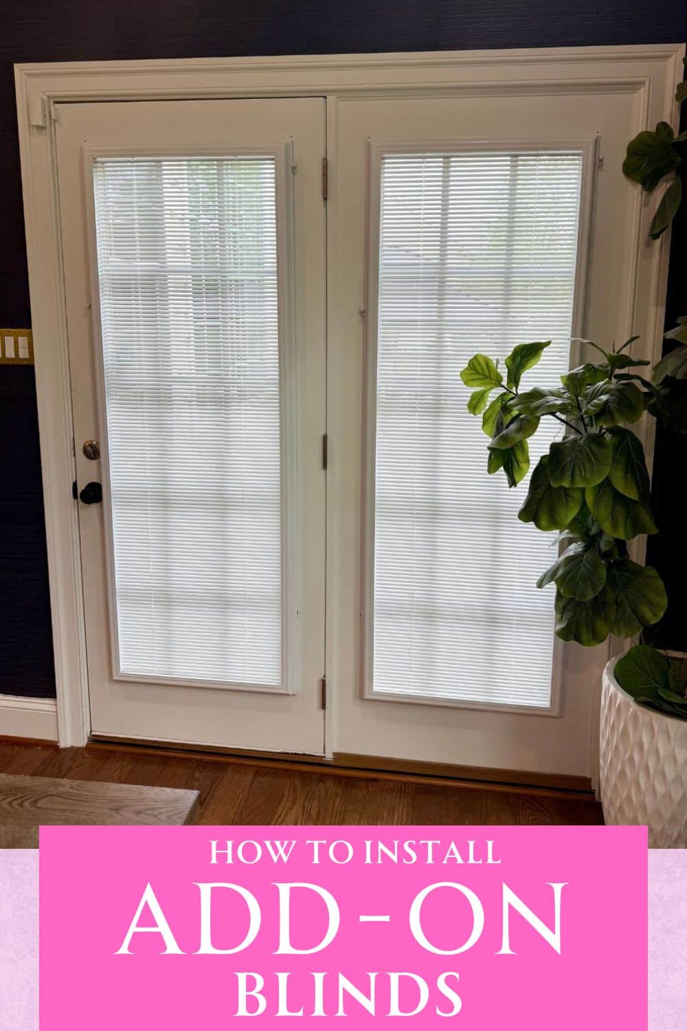 An image of french doors with white blinds on them.