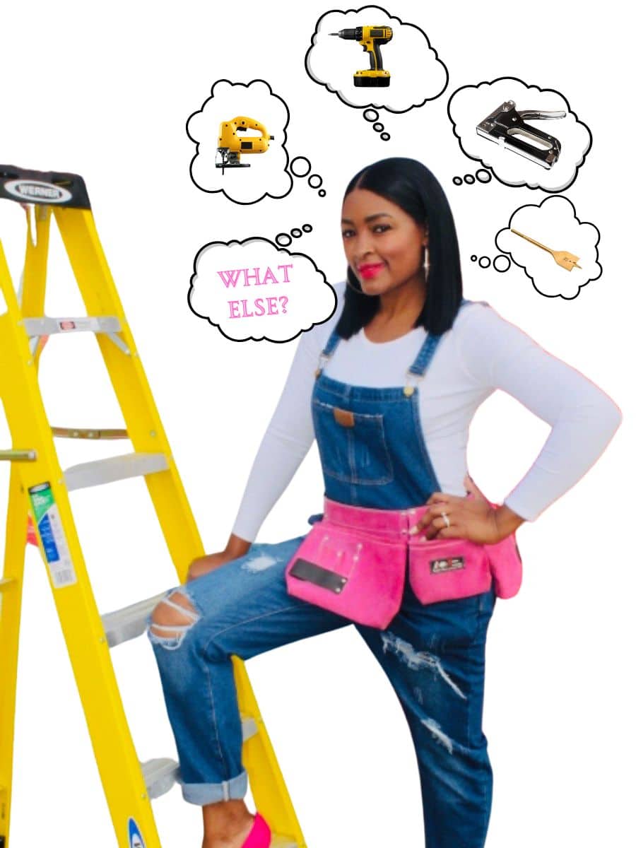 woman standing with one foot on a yellow ladder thinking about the best diy tools she needs
