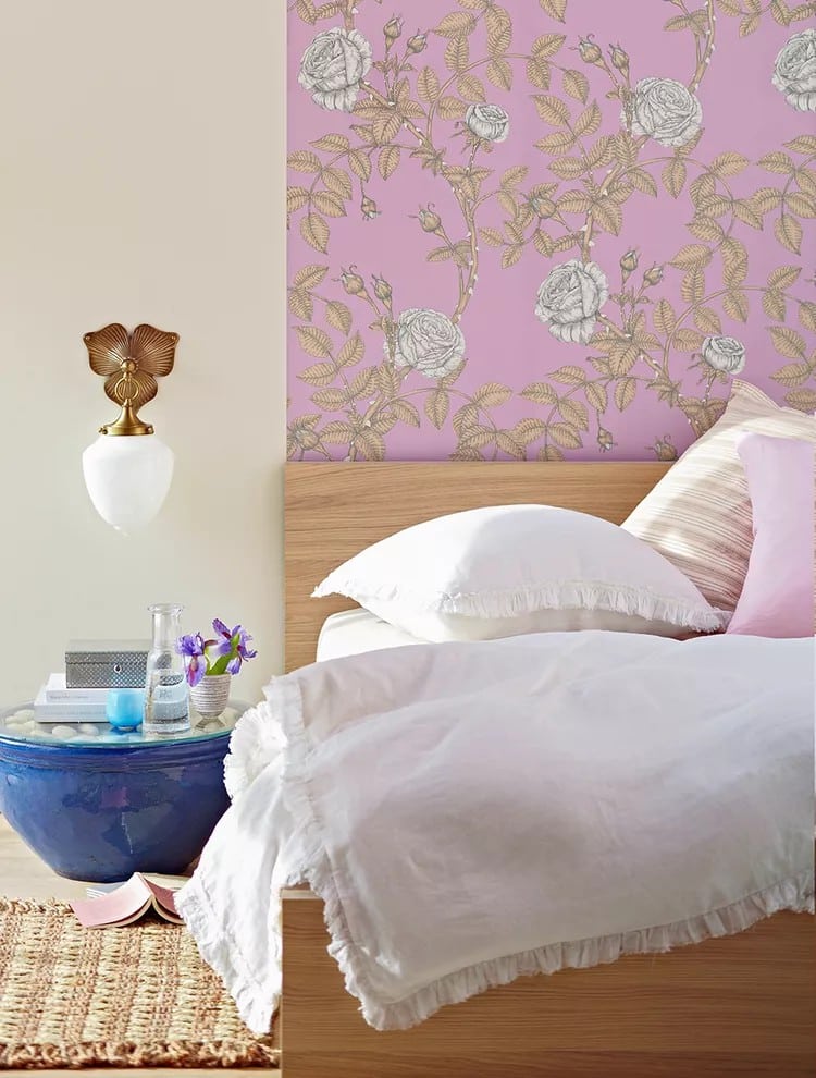 image of a headboard made of pink floral wallpaper
