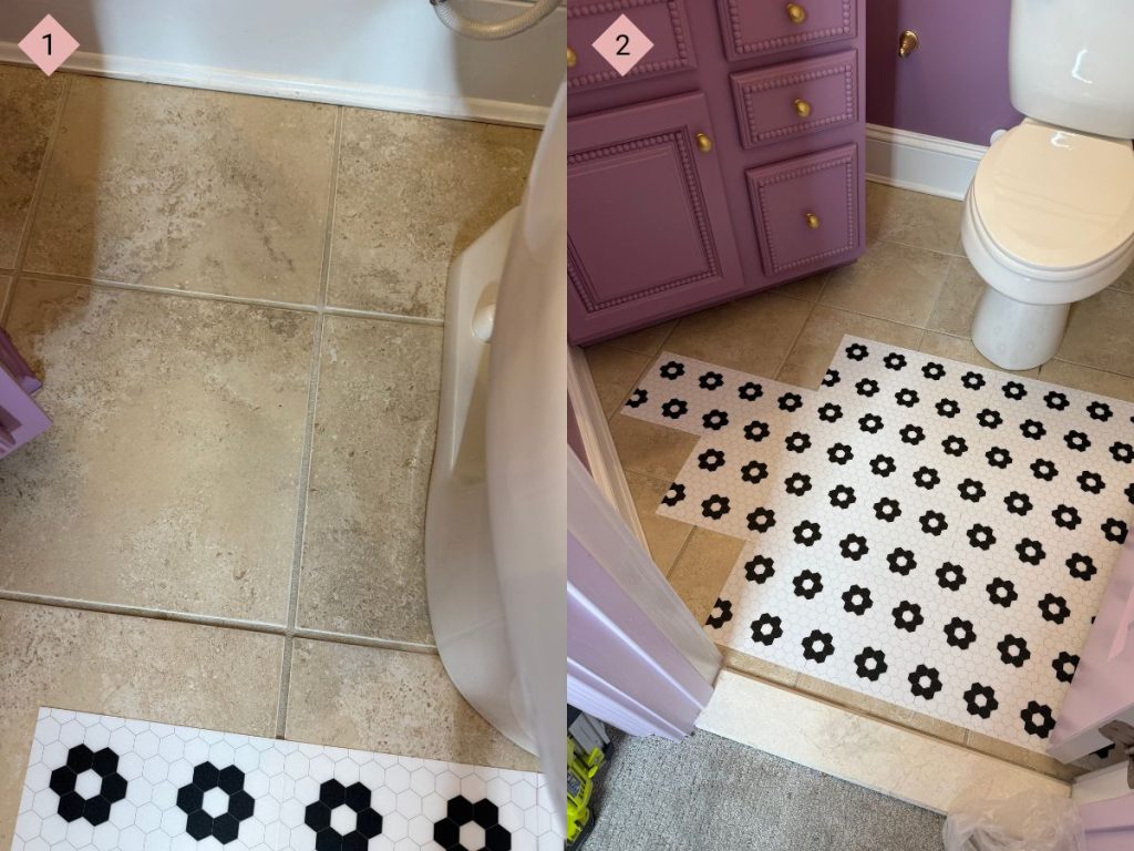 Side by side images of a brown tile floor in the first image and black and white tile being laid in the second image.