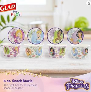 Glad snack bowls featuring Disney Princesses.