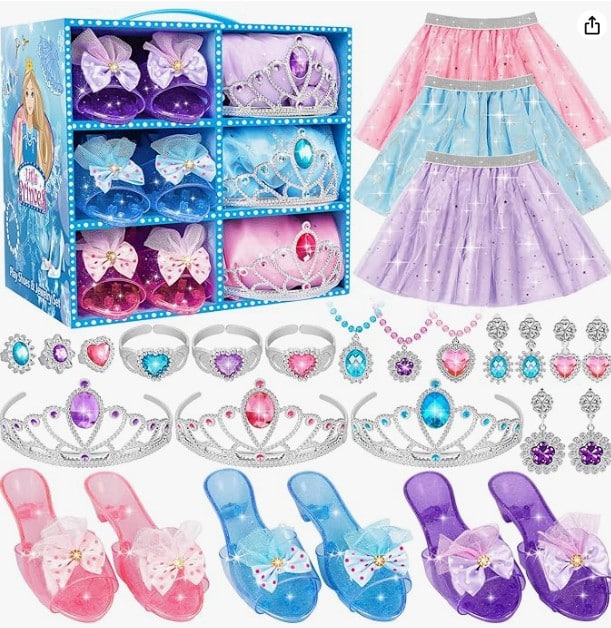 Princess dress up clothes with skirts, shoes, bracelets, rings, and necklaces all in blue, pink and purple.