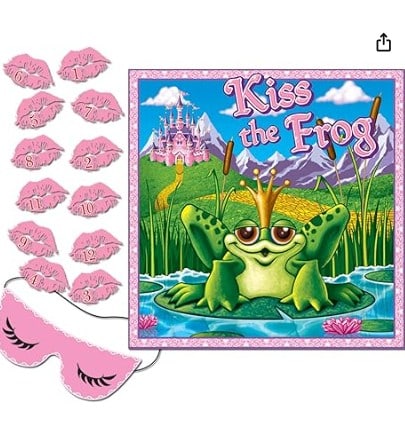 Picture of a frog sitting on a lilly pad with kisses and a blindfold next to it and it says kiss the frog.