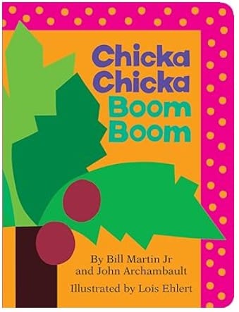 Large green tree leaves with two round brown balls on an orange background with the words chicka chicka boom boom.