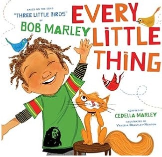 A young boy with an orange cat on the cover of a book that says Every Little Thing by Bob Marley.