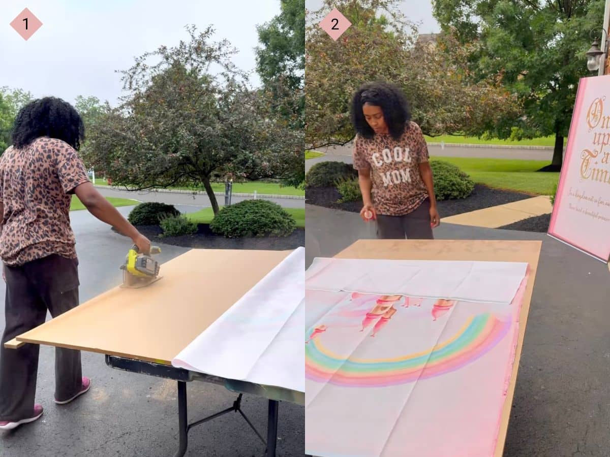Two side by side images with the first showing a woman cutting a board and the second showing a woman spraying glue on the board to attach a banner.