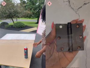 Two side by side photos with the first showng a woman standing near a board with a can in front of her and second showing a black hinge in a woman's hand.