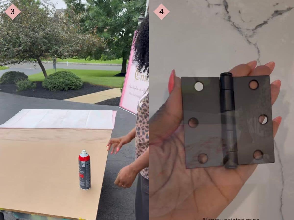 Two side by side photos with the first showng a woman standing near a board with a can in front of her and second showing a black hinge in a woman's hand.