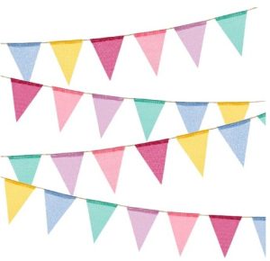 Multicolored and glittery trangles on a string to form a banner.