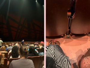Two side by side images with the first showing a view of a stage and the second showing leg room.
