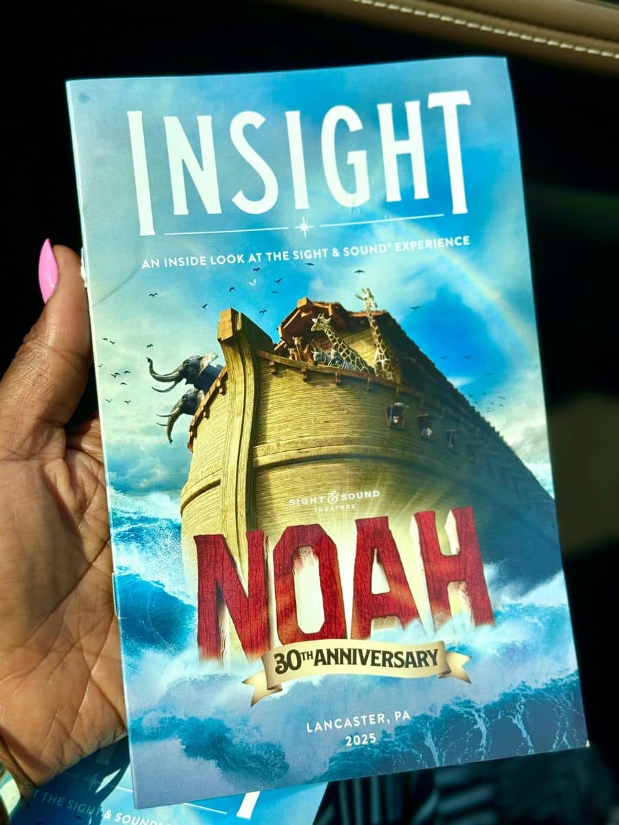 A hand holding a playbill with Noah's Ark in blue water on the cover.