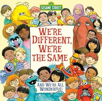 A yellow book with all the Sesame Street characters and other kids on the cover.