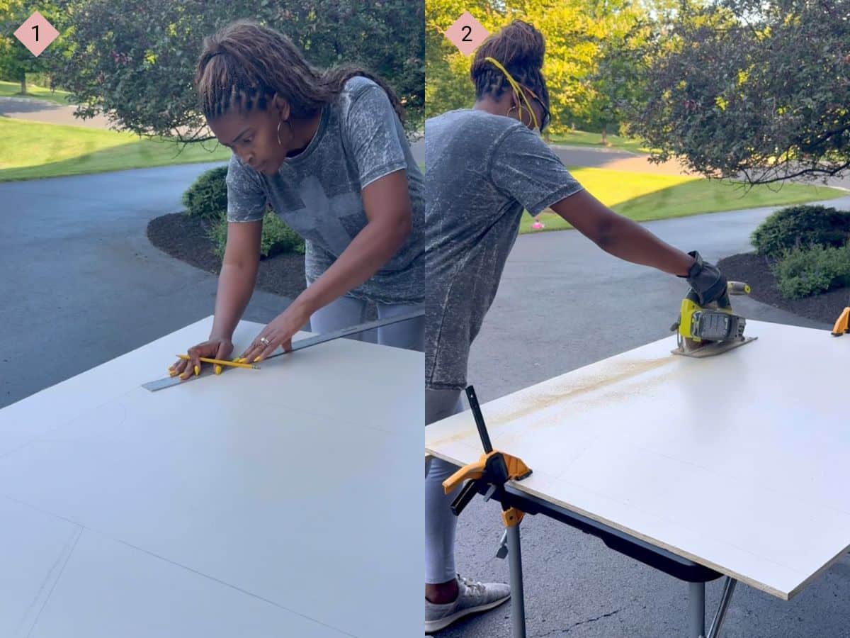 Two side by side images with the first showing a woman using a ruler and pencil and the second showing a woman using a circular saw.