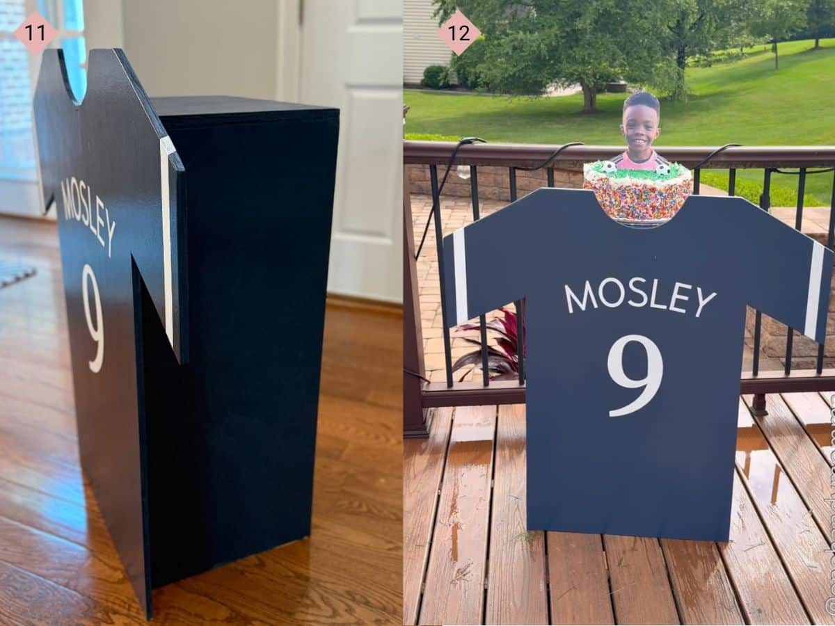 Two side by side images with the first showing a side view of the assembled wooden jersey with cake stand attached to the back and the second showing the front of the jersey that says Mosley 9 with a cake on top that has colorful sprinkles and a child's head flanked by soccer balls.