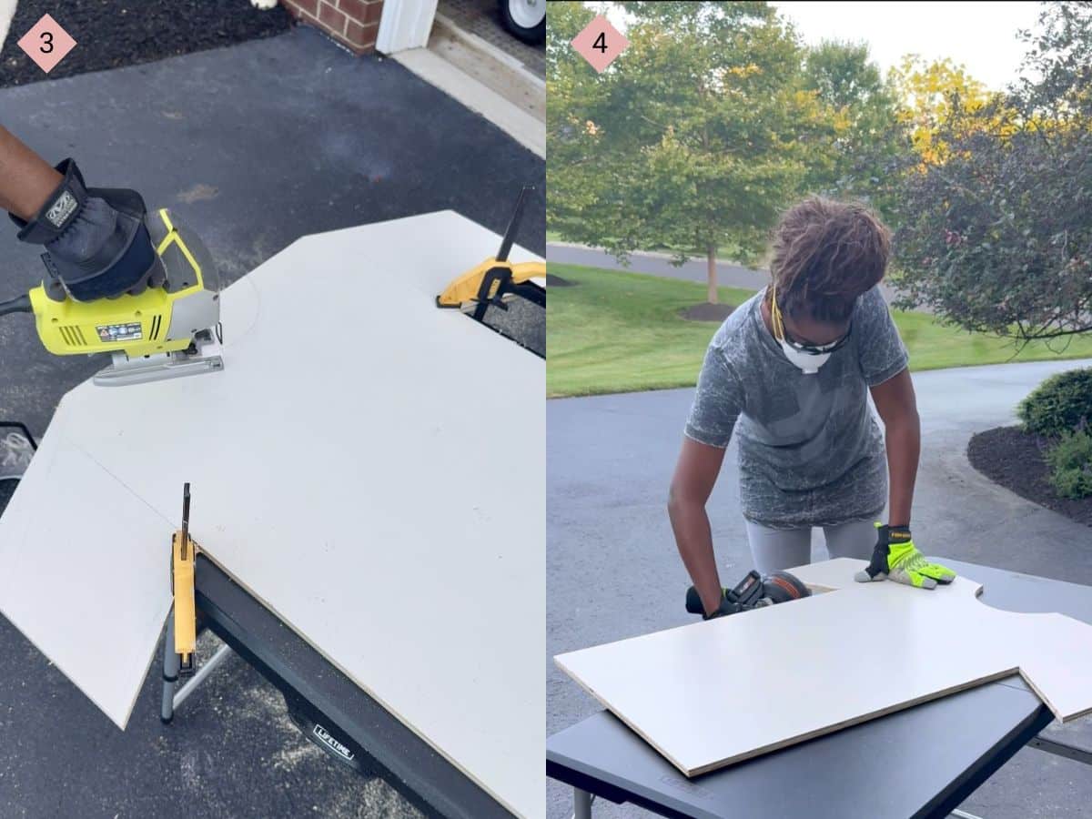 Two side by side images with the first showing a hand using a jigsaw on a piece of wood and the second showing a woman using a sander on a piece of wood.