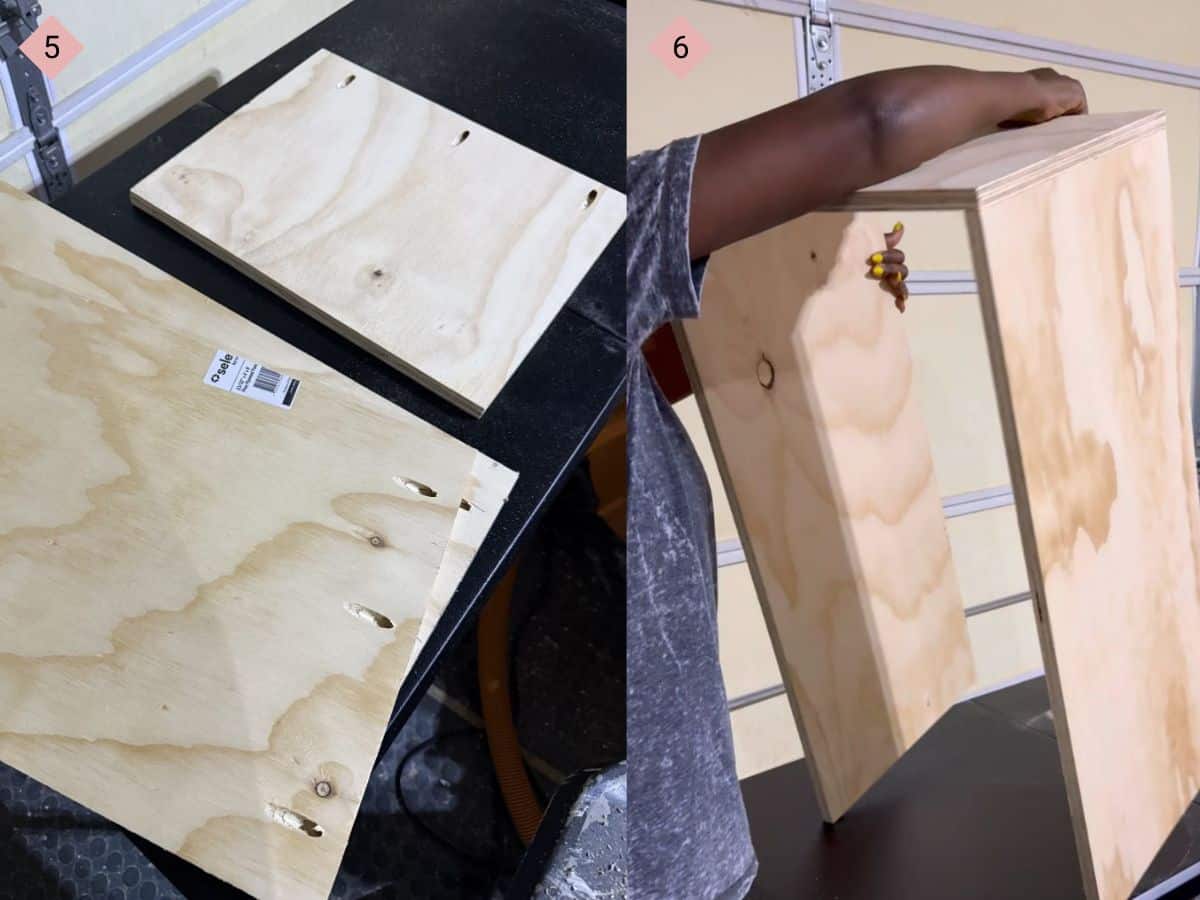 Two side by side images with the first showing boards with slanted holes drilled in them and the second showing arms and hands assembling a structure out of wood.