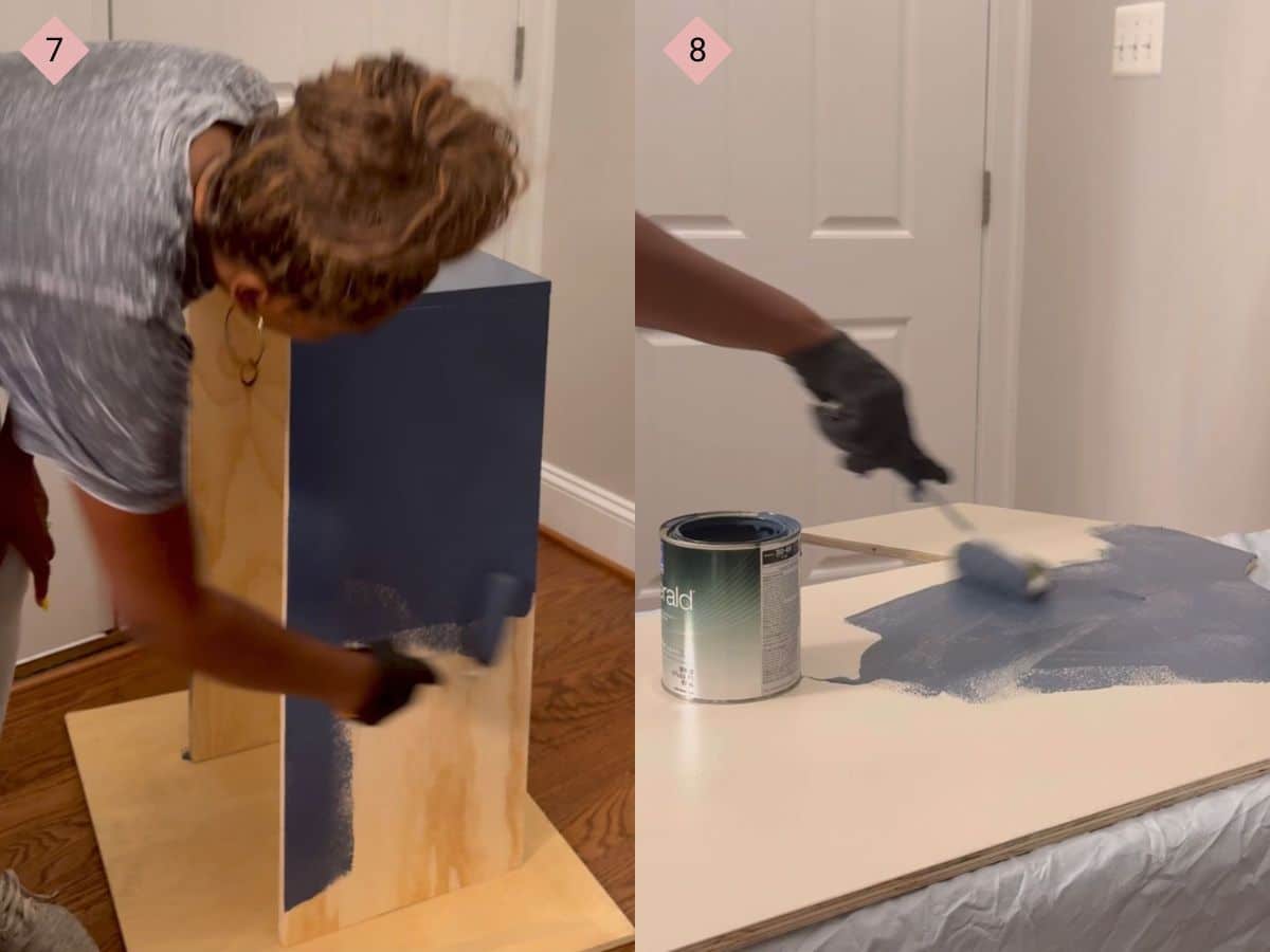 Two side by side images with the first showing a woman painting the sides of a wooden structure and the second showing a hand holding a small roller and painting a flat object.