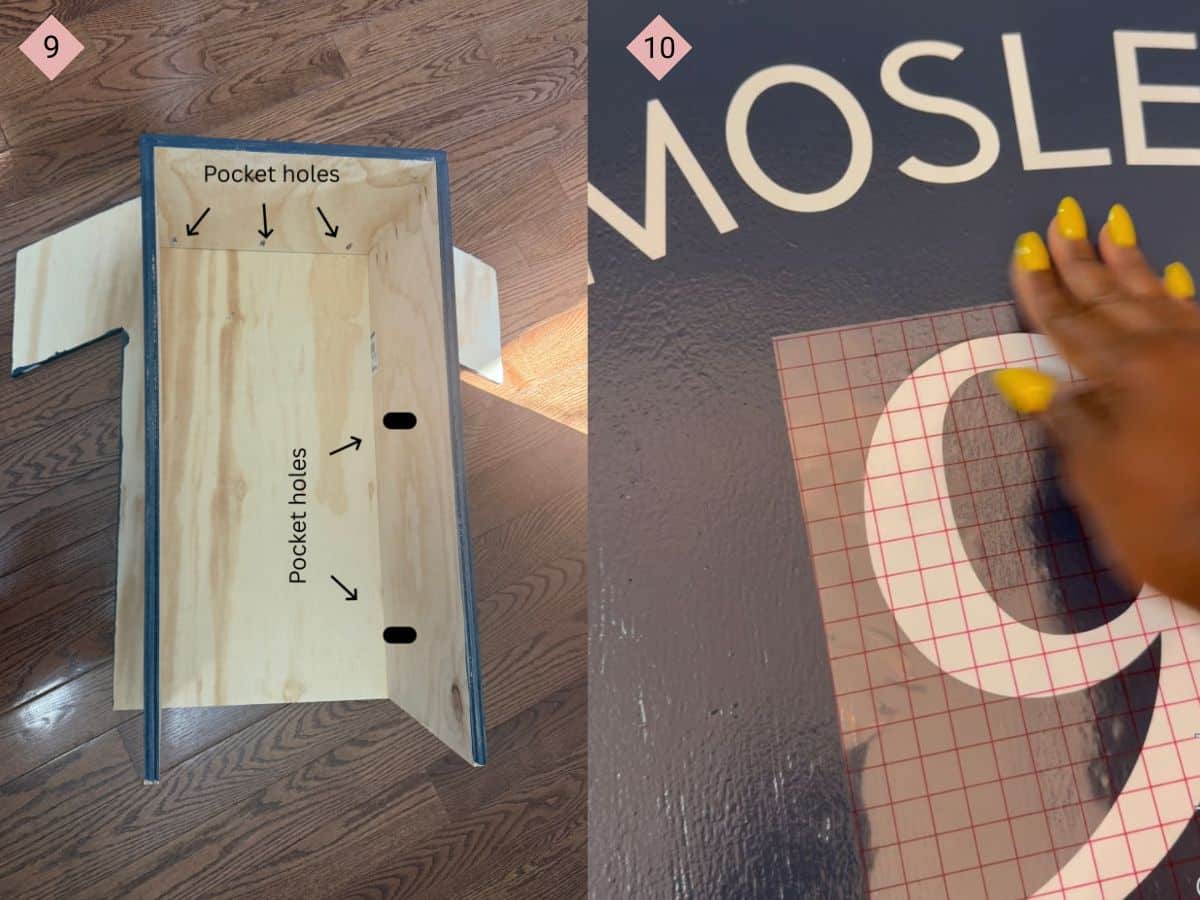 Two side by side images with the first showing the back of the jersey stand attached to the jersey and arrows pointing to the pocket holes and the second showing a hand with yellow fingernails adding the number 9 to a dark blue background.