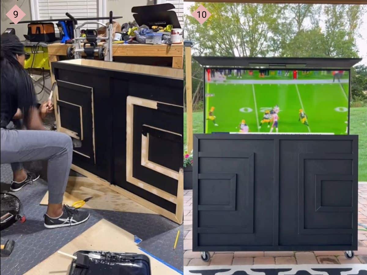 Image 9 shows a woman applying details to the front of the TV box and painting them black and image 10 shows the finished black TV cabinet on a paver patio with the TV sticking out of the top of the box.