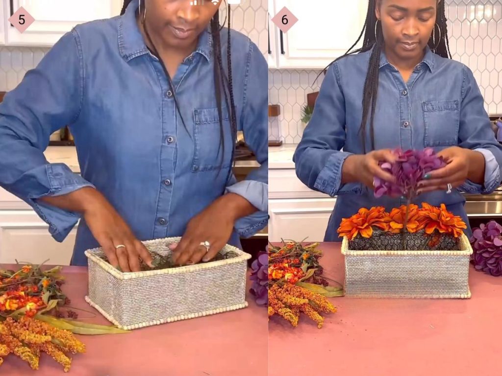Two side by side pictures with the first showing a woman adding chicken wire to the inside of a box and the second showing her placing colored flowers into the chicken wire.