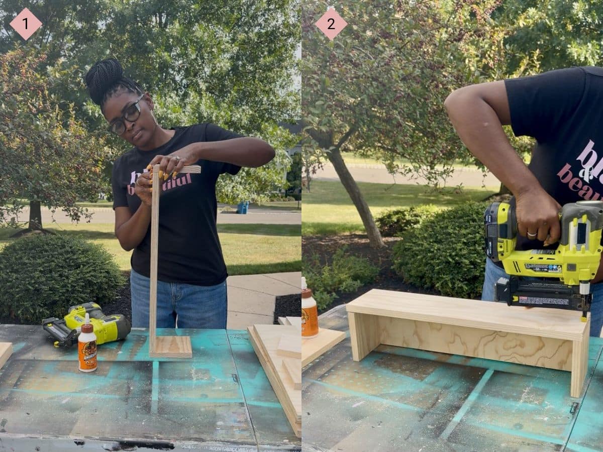 Two images with the first showing a woman putting two pieces of wood together and the second showing an arm and hand using a nail gun on wooden boards.