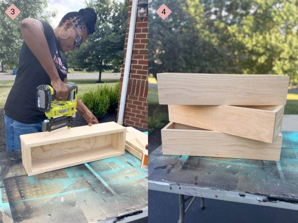 Two images with the first showing a woman in sunglasses using a nail gun on a wooden box and the second showing three wooden boxes stacked on top of each other.