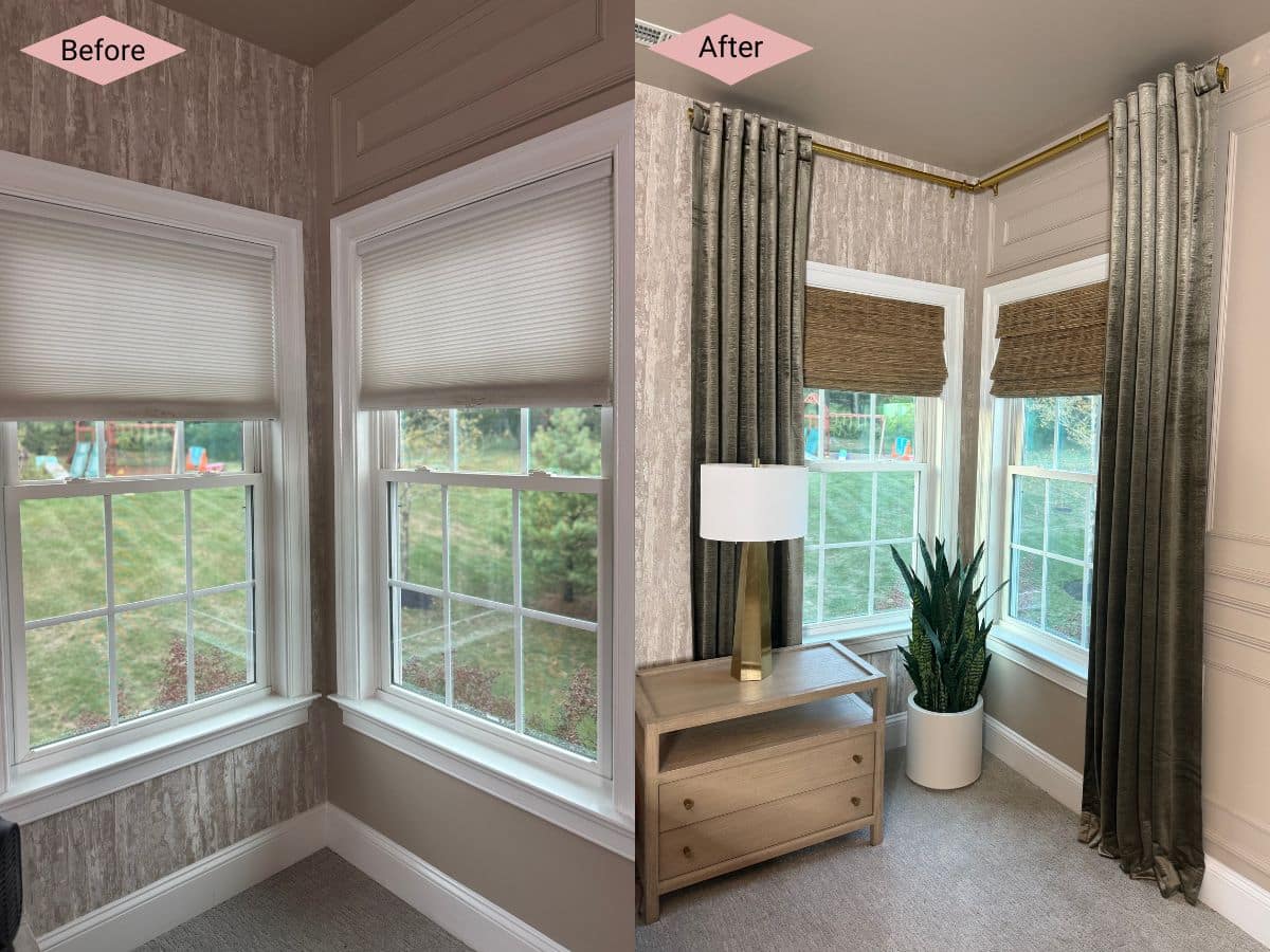 two side by side images with the before picture showing two windows with just a white cellular shade and the second showing the same two windows with brown natural woven shades and elegant curtains with a velvety texture plus a bedside table, lamp, and plant.